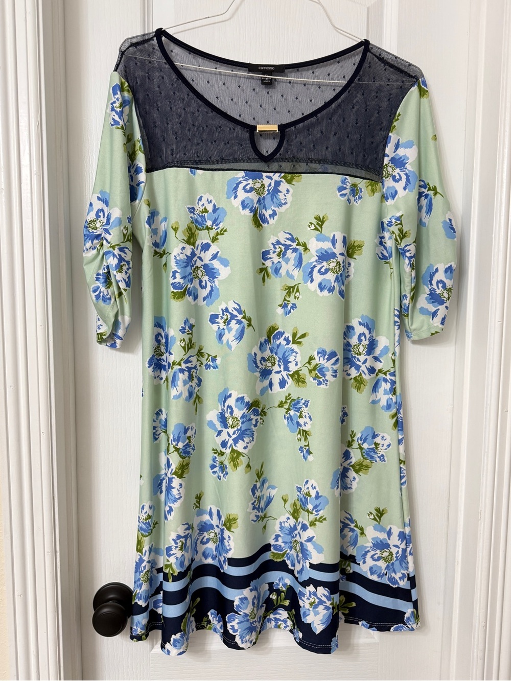 Espresso green and blue floral dress mesh polka-dot neckline 3/4 sleeve XL
